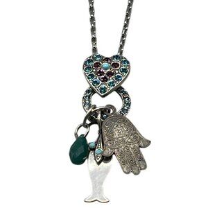 Mariana charm chain necklace handmade crystal green heart hand fish 19 READ NEW